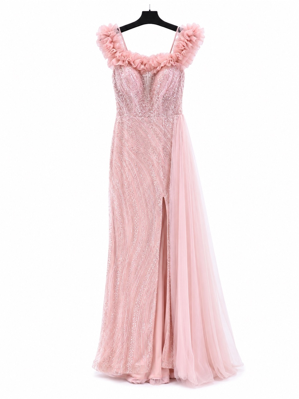 Catwalk 50262 Pink Beaded Evening Gown with Ruffle Shoulders